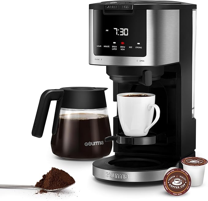 Gourmia 2-in-1 Single Serve Pod + 12-Cup Coffee Maker with Adjustable Up To 4-Hour Keep Warm