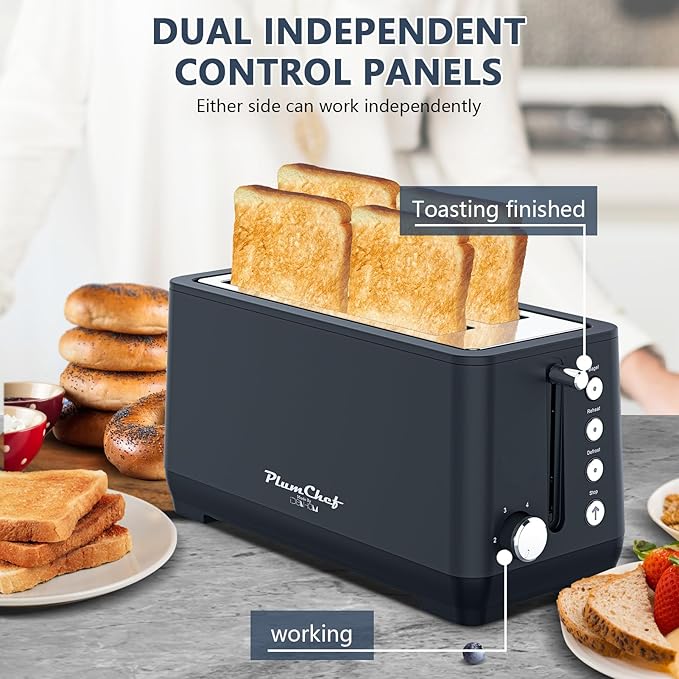 Toaster 4 Slice Extra Wide Long Slot Toaster with Warming Rack 6 Browning Settings Defrost/Reheat Functions Removable Crumb Tray Stainless Steel Housing 1350W Toasters for Toast Matte Blue