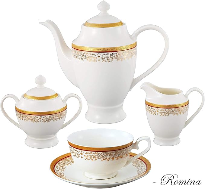 Lorren Home Trends La Luna Collection Bone China 57-Piece Red and 24K Gold Design Dinnerware Set Service for 8