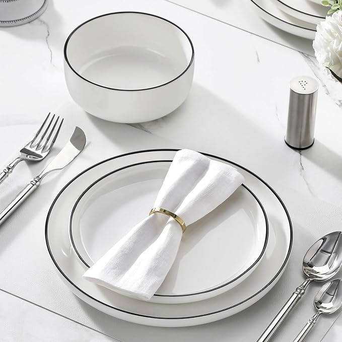 MALACASA Plates and Bowls Sets 12 Pieces Modern Porcelain Dinnerware Set for 4 White Kitchen Dinner Dining Ware Set wtih Black Rim Ceramic Dishware Dishes Microwave and Dishwasher Safe Series LUNA