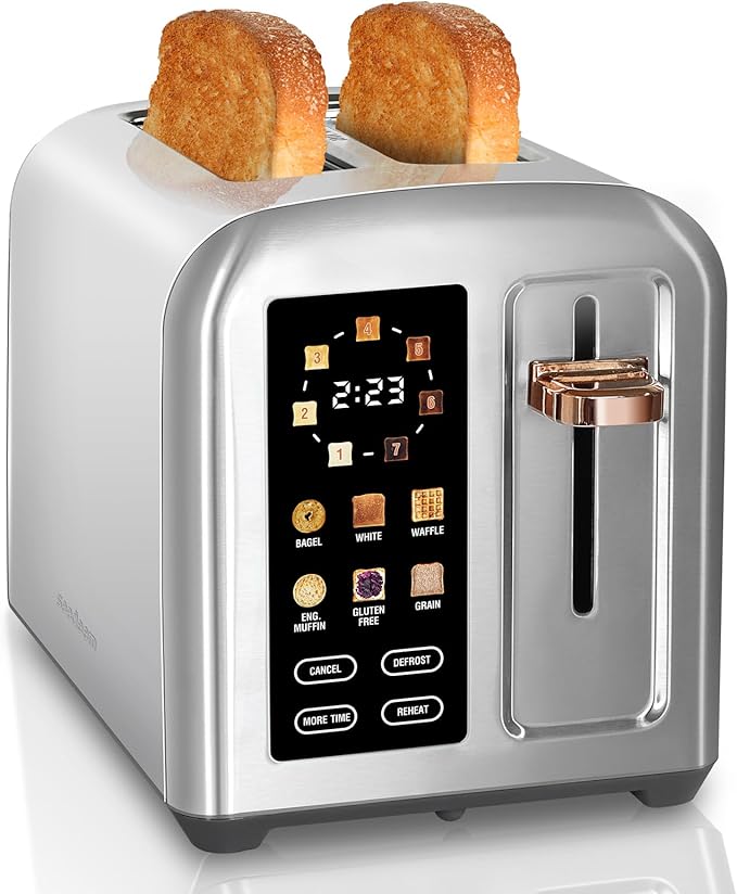 SEEDEEM Toaster 2 Slice Full Touch Control Stainless Toaster LCD Display 50% Faster Heating Speed 6 Bread Type 7 Shade Setting 1.5''Wide Slots Removable Crumb Tray 1350W Silver Metallic