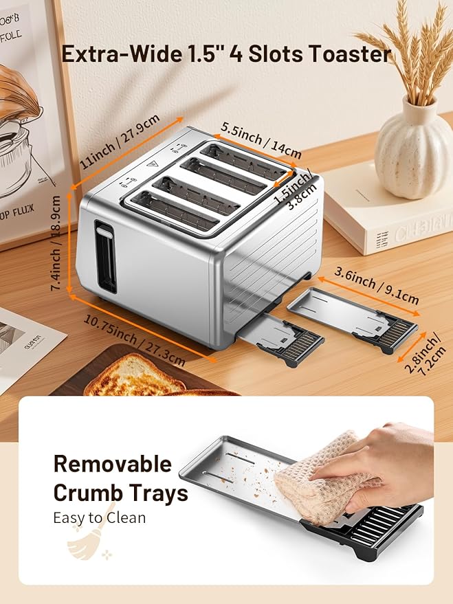 4 Slice Toaster with Touch Screen Stainless Steel Smart Bread Toaster 1.5 Wide Slots 6 Shade Settings &amp 6 Bread Types for Bagels Timer Single Slice Toasting Reheat Defrost 1800W
