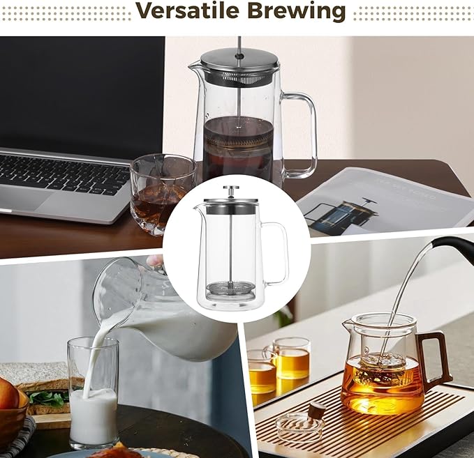Press Tea and Coffee Maker 33.8 Oz/1000 Ml Double Wall Insulated Glass Pot Fine Mesh Filter with Heat-Resistant Handle