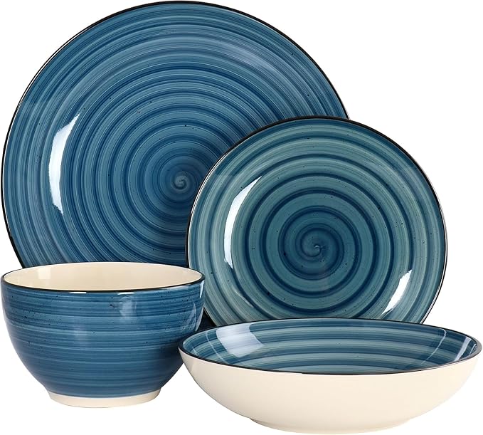 24-Piece Stoneware Dinnerware Set – Round Two-Tone Hand-Painted Dishes with Swirl Design Service for 6 Microwave &amp Dishwasher Safe Tableware (Dark Blue)