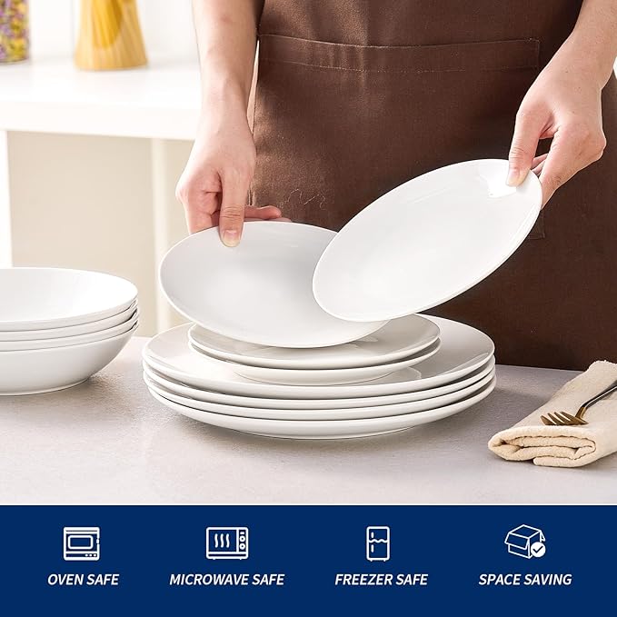 Bestone 12-Piece Round Porcelain Dinnerware Set Service for 4 Chip Resistant Plates and BowlsWhite Dishwasher &amp Microwave Safe for Home Daily Use