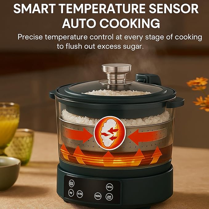Low Carb Rice Cooker with Lifting Sugar Removal 3L Stainless Steel Low Sugar Digital Steamer Touch Control Smart Electric Cooker with Steamer Basket for Healthy MealsGreen