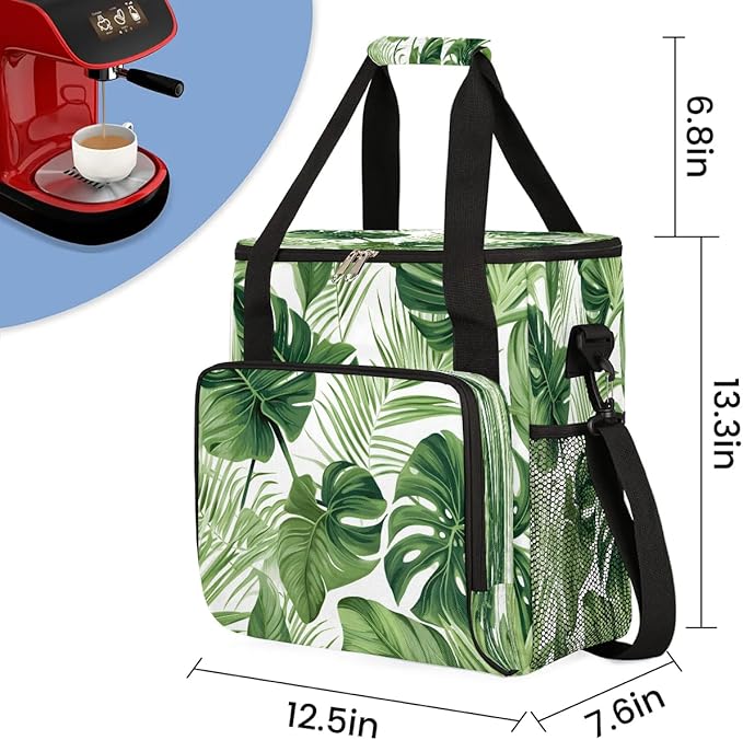 Tropical Palm Fern Leaves Coffee Maker Carrying Bag Compatible with K-Mini or K-Mini Plus Portable Single Cup Coffee Maker Case with Pockets for K Cup Pods