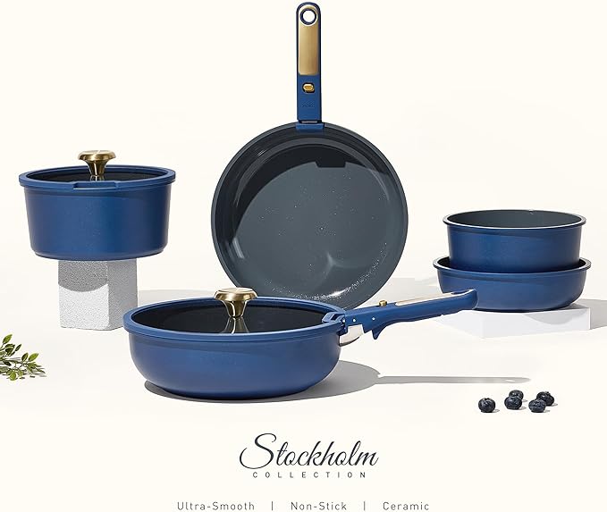 CAROTE Blue&ampGold Ceramic Cookware Set Non Toxic PFAS Free15Pcs Pots and Pans Set Non Stick Detachable/Removable HandleKitchen Cooking Set Dishwasher Safe Nonstick Pot and Pan Induction Cookwa