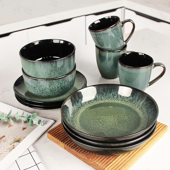 Dinnerware Sets(16Pcs) Serves for 4 Reactive Glaze Plates and Bowls Set with Mug7.9Small Plate8.3Salad Plate5.5bowl Modern kitchen tablewareMicrowave safe Set No.4