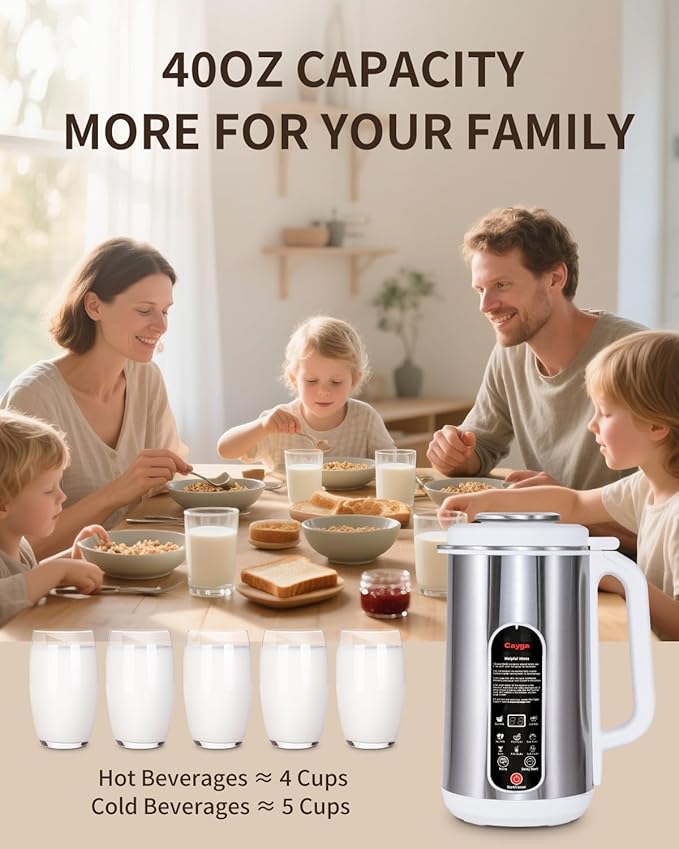 40oz Nut Milk Maker Machine Stainless Steel Soy Milk Maker Homemade Almond Oat Juice Coconut Plant-Based and Non-Dairy Beverages with Self Clean Boil Water Delay Start Keep Warm
