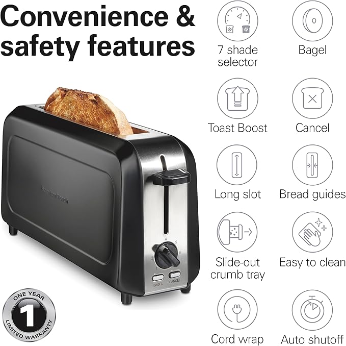Hamilton Beach Extra Wide Long Slot 2 Slice Toaster Browning Control With 7 Shades Bagel Function Cancel Button &amp Auto Shutoff Modern Slim Design Fits Any Space Black (22989)