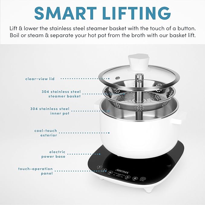 Aroma Housewares 2.5-Liter Smart Electric Hot Pot &amp Rapid Boil Steamer with Automatic Stainless Steel Steamer Basket Lift White ASP-700