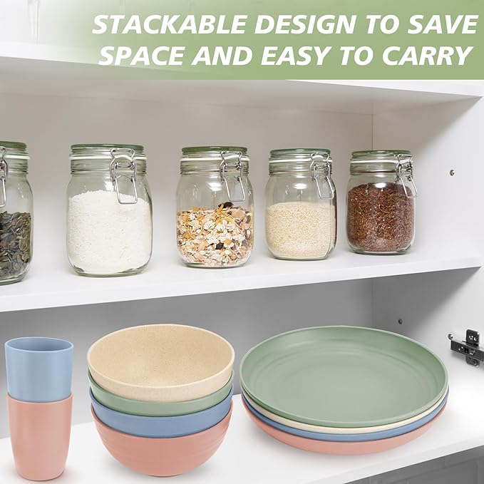 Shopwithgreen Wheat Straw Dinnerware Sets for 4 20 PCS Unbreakable Plates and Bowls Sets Reusable Dinner Dishes Set Bowls Cups Plates for Camping Kitchen RV Dorm Dishwasher Microwave Safe