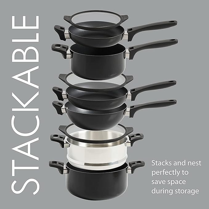 9 Piece Nonstick Stackable Cookware Set in Black Stainless Steel Non-Stick Surface