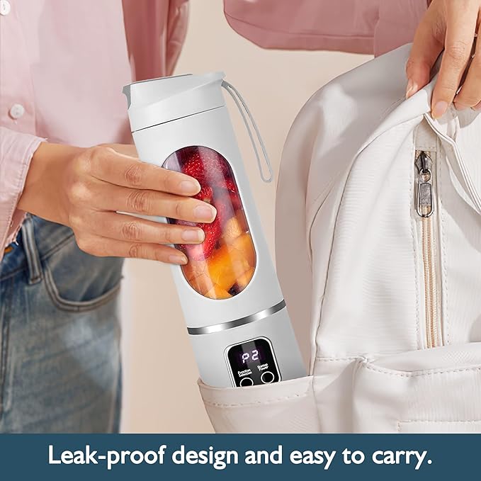 Portable blenderUSB-C rechargeablePersonal compact travel juicer cup15OZ for Shakes SmoothiesFresh juiceSelf-cleaningLeakproof lid Smart time display12 bladeswith strong blending White