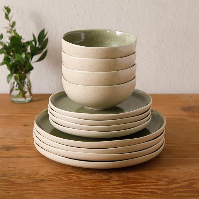 Gibson Elite Manila Bay 12-Piece Stoneware Dinnerware Set Service for 4 Reactive Glaze Modern Artisan Plates Bowls &amp Mugs Green Round Design