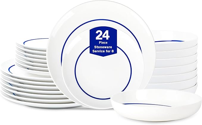 Stone Lain Luna 24-Piece Porcelain Dinnerware Set Plates and Bowls Set Dish Set for 8 Blue