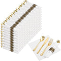 Nervure 400PCS Pre Rolled Gold Plastic Silverware Sets - Heavy Duty Gold Cutlery - Include 100 Pack Wrapped Disposable Utensils with Napkins for Parties Dinners &amp Weddings