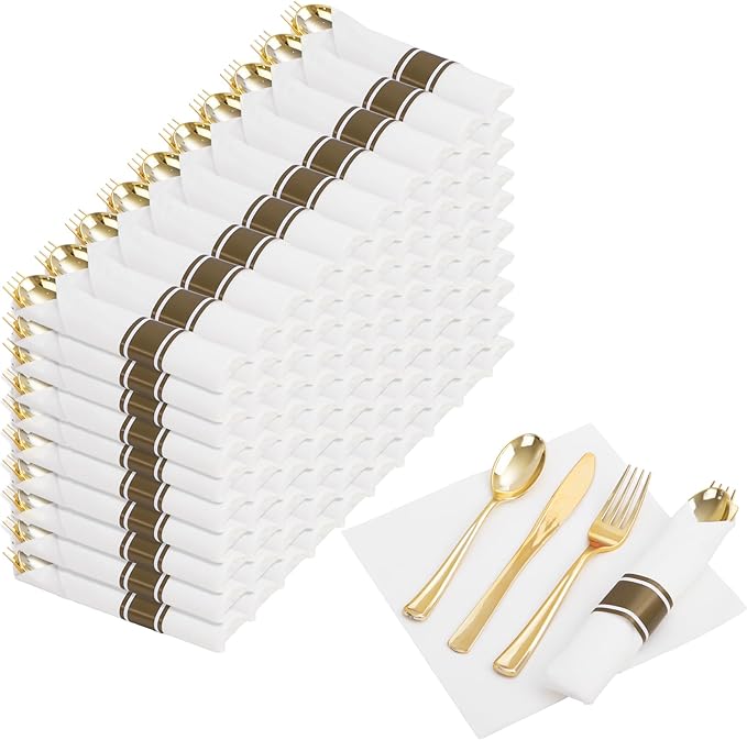Nervure 400PCS Pre Rolled Gold Plastic Silverware Sets - Heavy Duty Gold Cutlery - Include 100 Pack Wrapped Disposable Utensils with Napkins for Parties Dinners &amp Weddings