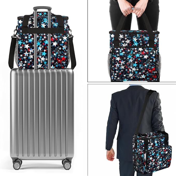 Blue Red Star Coffee Maker Carrying Bag Portable Travel Storage Tote Bag Compatible with K-Mini or K-Mini Plus Single Serve Coffee Brewer Carrying Case with Multiple Pockets &amp Shoulder Strap