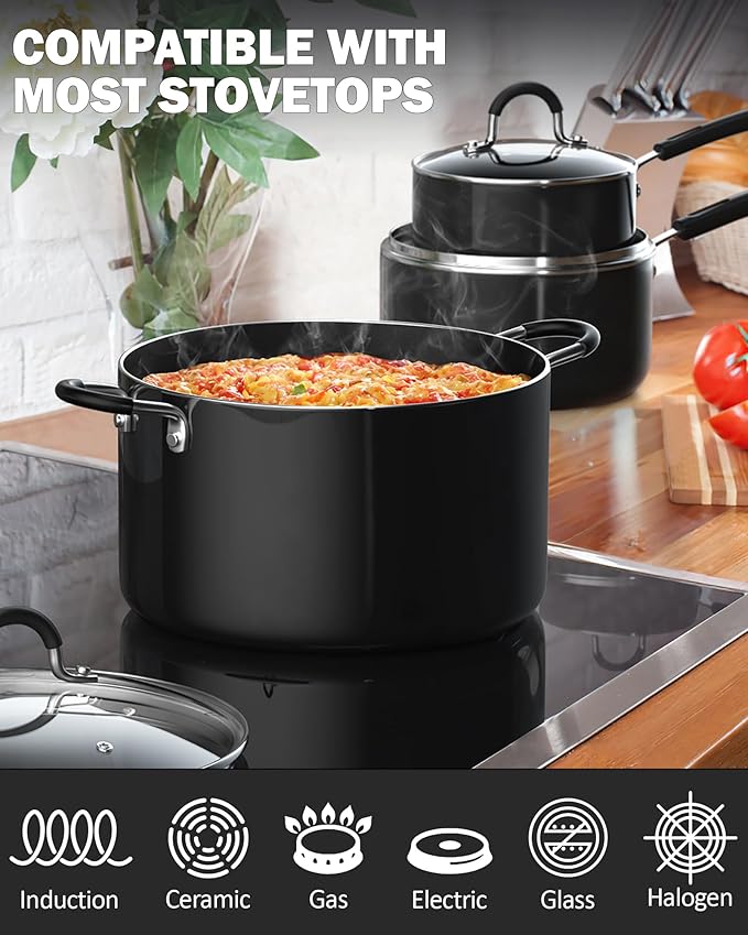 Cook N Home Pots and Pans Nonstick Kitchen Cookware Sets include Saucepan Frying Pan Stockpots 8-Piece Heavy Gauge Stay Cool Handle Black