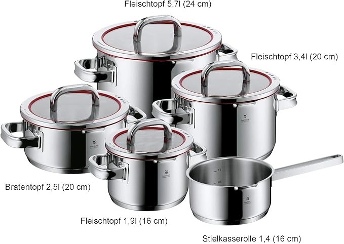 WMF Function 4 5-Piece Induction Saucepan Set Glass Lid with 4 Pouring Functions Polished Cromargan Stainless Steel Induction Pots Set Inner Scale