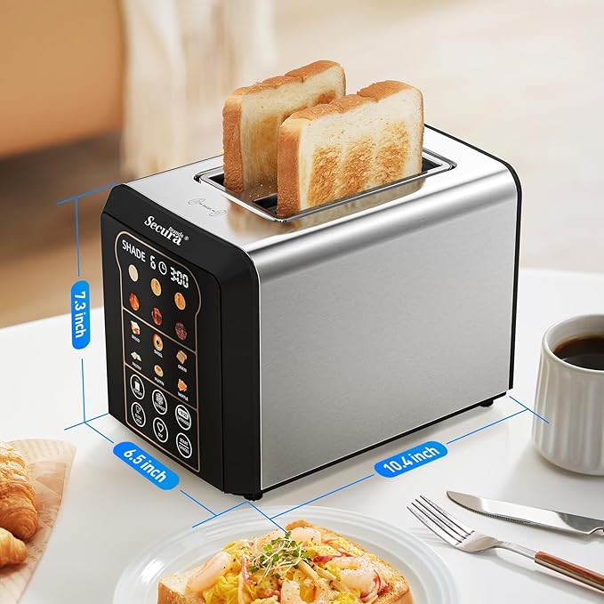 2 Slice Automatic Toaster Touch Screen Smart Toaster with Digital Timer 6 Bread Types 6 Browning Levels Reheat/Defrost +10s Extend Custom Memory Settings for Home RV Office