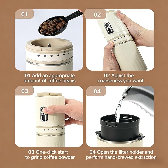 Portable Coffee Maker Compact Mini Coffee Grinder and Brewer with Built in Grinder and One Key Operation for Home Use and Travel
