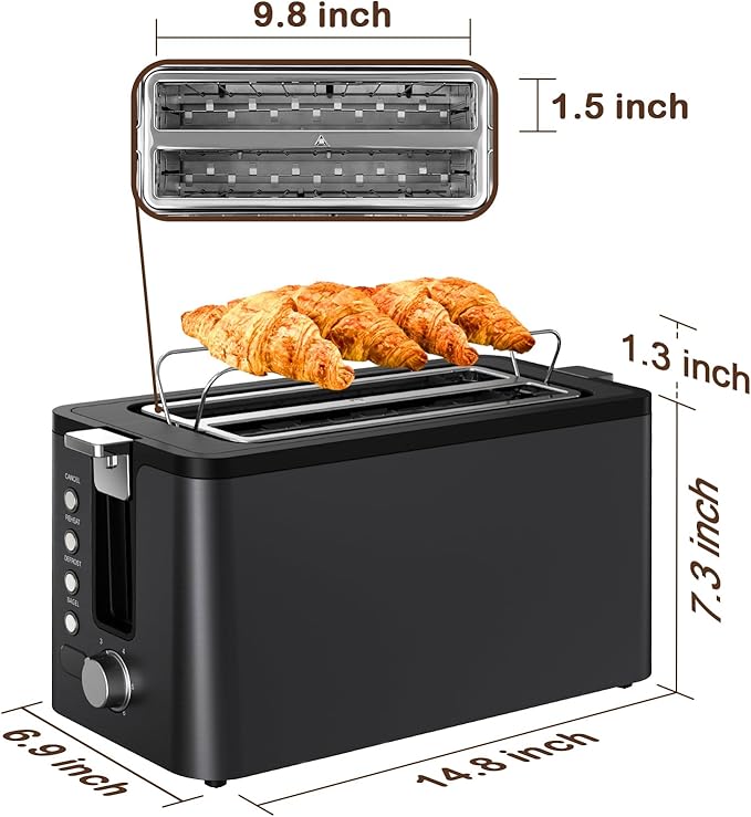Mecity 4 Slice Toaster Long Slot Toaster with Timer Bagel Defrost Reheat Cancel Functions Warming Rack Removable Tray 6 Browning Settings Extra Wide Slots Stainless Steel 1300W