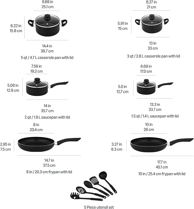 Amazon Basics Ceramic Non-Stick Cookware 15-Piece Set Pots Pans and Utensils Black