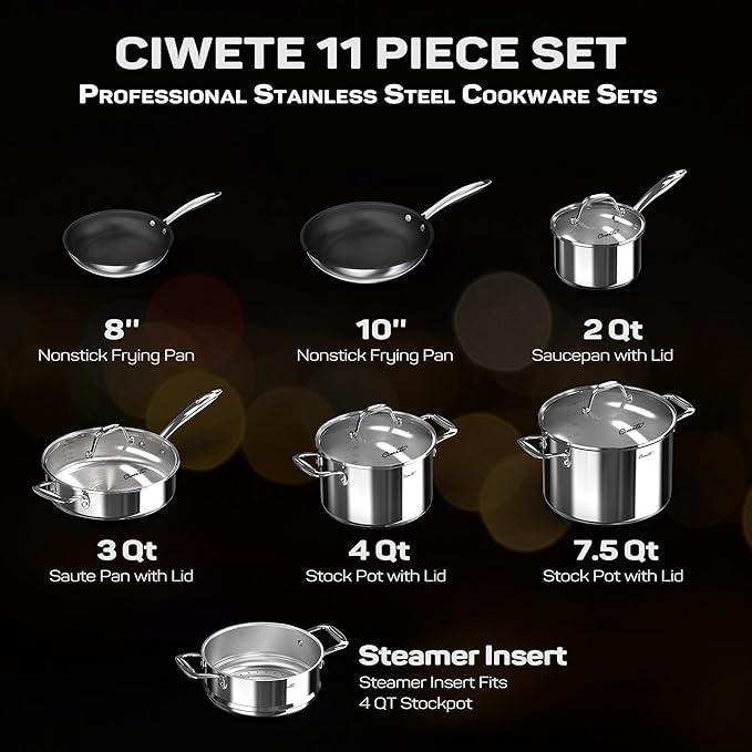 11-Piece Stainless Steel Pots and Pans Set Non Stick Tri-Ply Stainless Steel Cookware Set Induction Kitchen Cookware Sets with Steamer Insert &amp Stay-Cool Handles Dishwasher Oven Safe