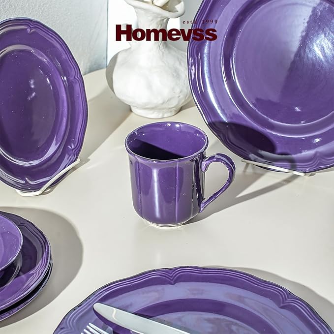 56pc Dinnerware Set Plate and Bowl Set Stoneware Dishes Set for 8 Microwave and Dishwahser Safe Scratch Resistant French Countryside Speckled Antique Purple