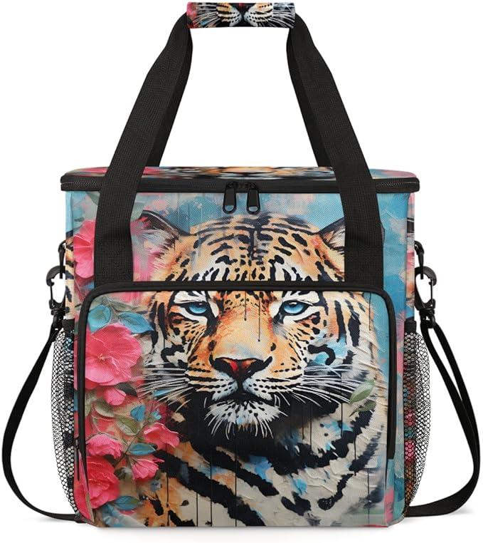 Tiger Coffee Maker Carrying Bag Oil Painting Flower Travel Storage Bag Compatible with K-Mini or K-Mini Plus Single Serve Coffee Brewer Carrying Case with Multiple Pockets &amp Shoulder Strap