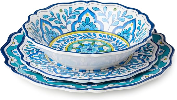 Porto 12 Pc. MELAMINE DINNERWARE SET SERVICE for 4 – artistically designed Talavera Tile Art Turquoise Blue Yellow Mandala
