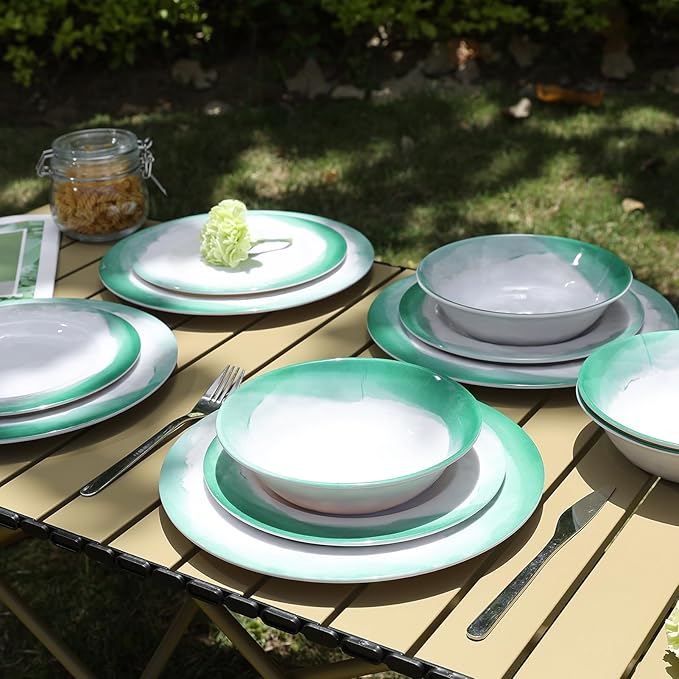 Melamine Dinnerware Sets 12pcs Plates and Bowls Set service for 4 Dishwasher Safe Indoor and Outdoor Use Green Melamine dishes