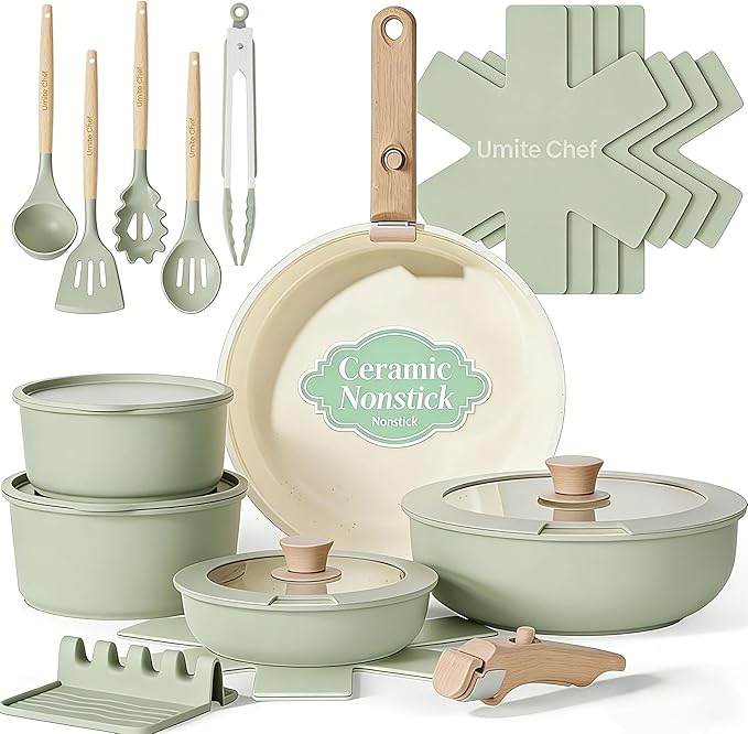 Umite Chef Non Stick Pots and Pans Set 21 Pcs Ceramic Kitchen Cookware Set with Detachable Handle Nonstick Healthy Induction Cookware Dishwasher RV Cookware Set Oven Safe Stackable Sage Green