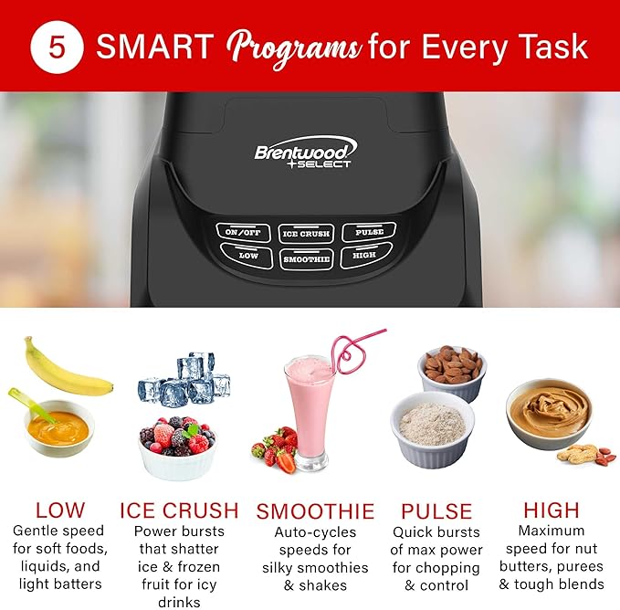 Brentwood Select JBS-1000BK Professional Smart Blender with 1000w Ice Crushing Power Large 8.5-Cup Plastic Jar Stainless Steel Blades Non-Slip Base Dishwasher-Safe Parts Black