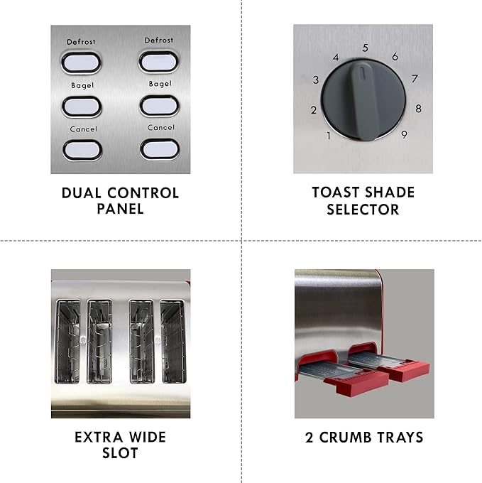 Kenmore Toaster 4 Slice - Extra Wide Slot Countertop Kitchen Appliance Defrost Function Grille-Pain 9 Shade Settings Compact Design Easy Clean Crumb Tray Bread Bagel Stainless Steel &amp Red