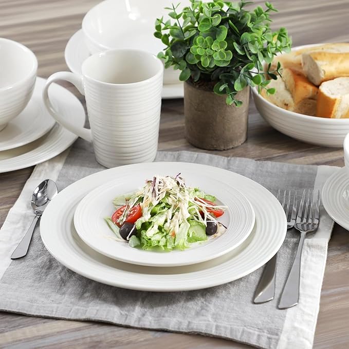 18 Piece Ribbed White Porcelain Dinnerware and Serving Bowl Set – Dishwasher &amp Microwave Safe Service for 6