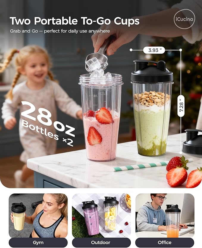 iCucina Smoothie Blender Personal Blender for Shakes and Smoothies 700W Pulse Technology Single Serve Blenders with 2 x 28oz Protable Cups for Ice Crush Frozen Fruit Drinks