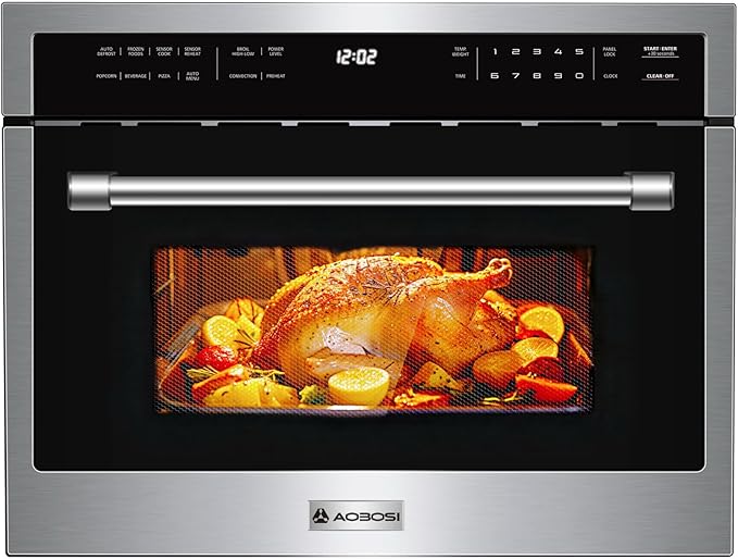 AAOBOSI 24 Inch Built in Microwave Convection Oven1.6 Cu.Ft Wall Microwave Ovens Air Fryer Combos(upgraded) 1000Watt Power Sensor&ampAuto Cook 12 Cooking Modes Drop Down DoorStainless Steel