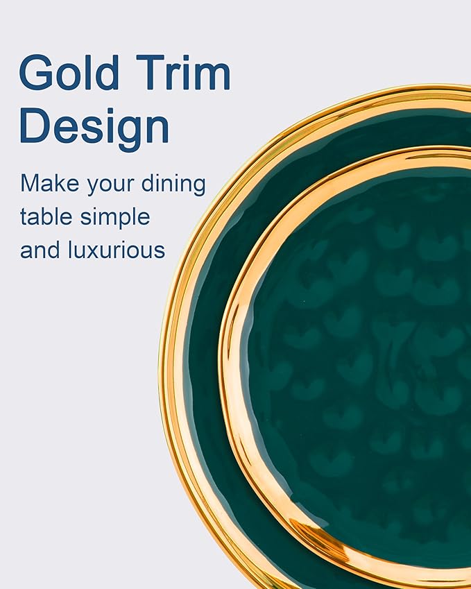 LOVECASA 12 Pieces Plates and Bowls Sets Porcelain Green and Gold Dinnerware Sets Round Dinner Plates Dishes Set Service for 4 Dishwasher Safe and Scratch Resistant Green