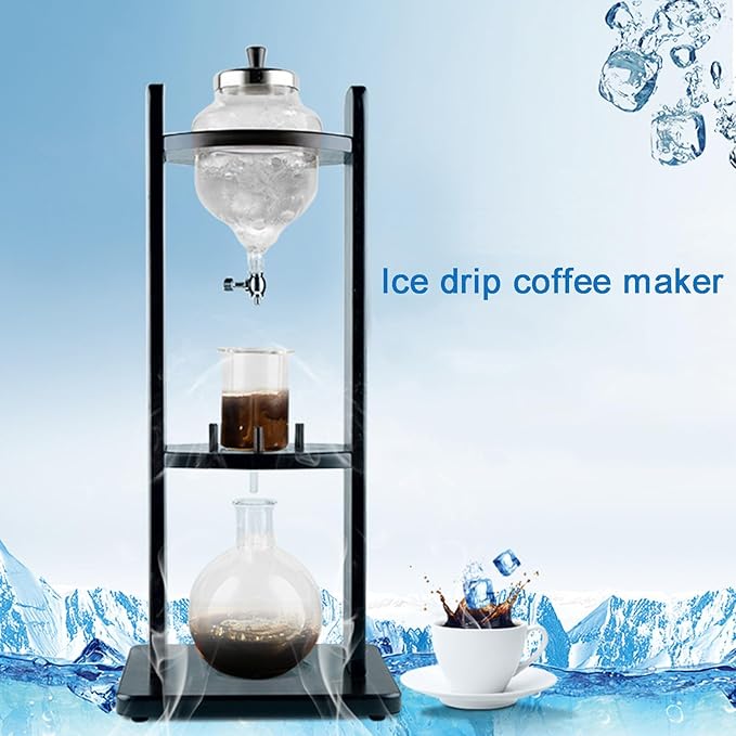 Ice Drip Coffee Maker 1.25L/42.27oz Large Capacity Cold Brew Coffee Maker with Slow Drip Technology Wood Frame and Glass Pot for Home &amp Office Makes 10-12 Cups