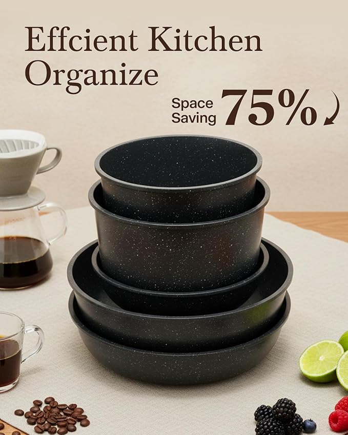 21Pcs Ceramic Pots and Pans Set Non Stick Kitchen Cookware Set with Detachable Handles Non Toxic Healthy Cooking Set Induction Dishwasher Oven Safe PTFE PFOA PFOS Free Black