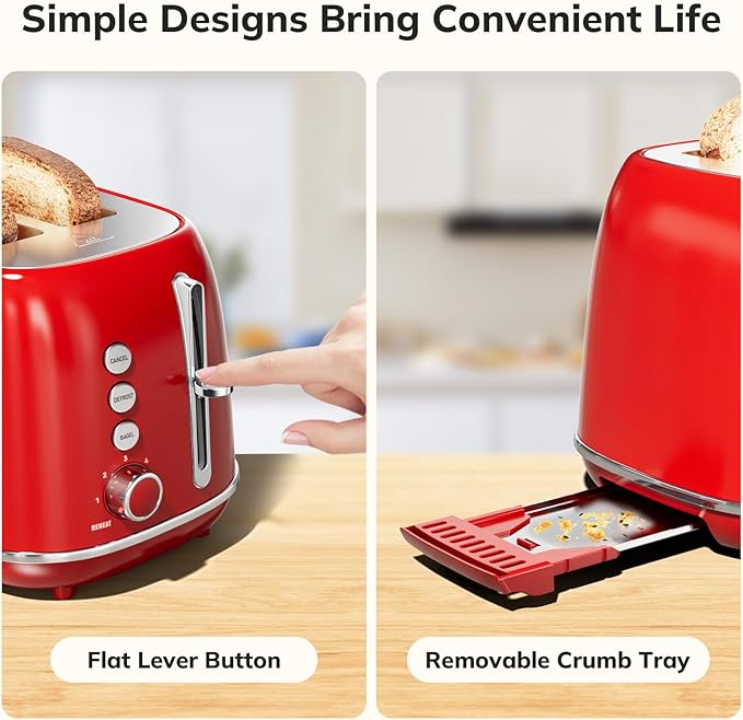 2 Slice Stainless Steel Toaster Retro with 6 Bread Shade Settings Bagel Cancel Defrost Function Extra Wide Slot Removable Crumb Tray Red