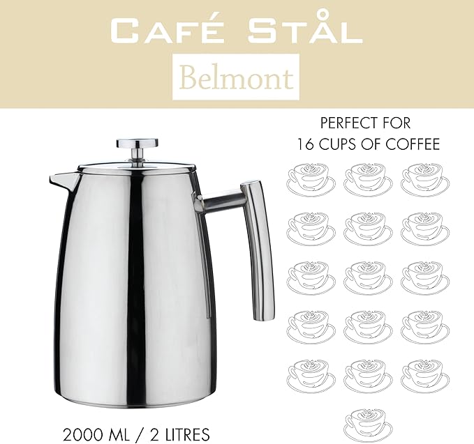 HFD-16 Belmont 16 Cup Double Walled Cafetiere Coffee Maker Mirror Finish 2 Litre