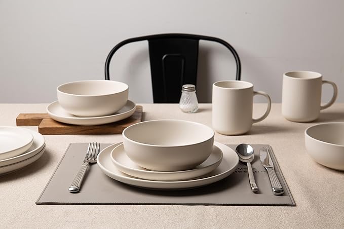 12-Piece Stoneware Dinnerware Set for 3 - Chip-Resistant Plates Bowls &amp Mugs Premium High-Density Stoneware Dishwasher &amp Microwave Safe Stackable Space-Saving Design with Matte Glaze(White