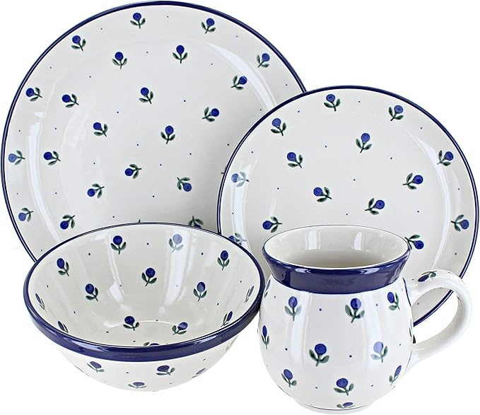 Blue Rose Polish Pottery - Blueberry 4 PC Place Setting - Service for 1-1 Place Setting - Great for Everyday Dining Casual Dining or as Formal Dinnerware