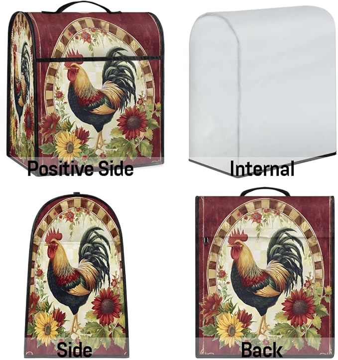 Kitchen Aid Mixer Cover Rooster Chicken Flower Vintage Stand Mixer Cover Compatible with 6-8 Quarts Stand Mixers Dust Covers with Zipper Pocket Foldable Washable Kitchen Aid Organizer Bag