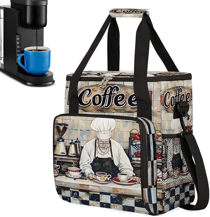 Coffee Chef Pattern Coffee Maker Carring Bag Travel Carrying Storage Tote Bag Compatible with Keurig K-Mini or K-Mini Plus Portable Single Serve Coffees Brewer Case with Pockets for K-cup Pods